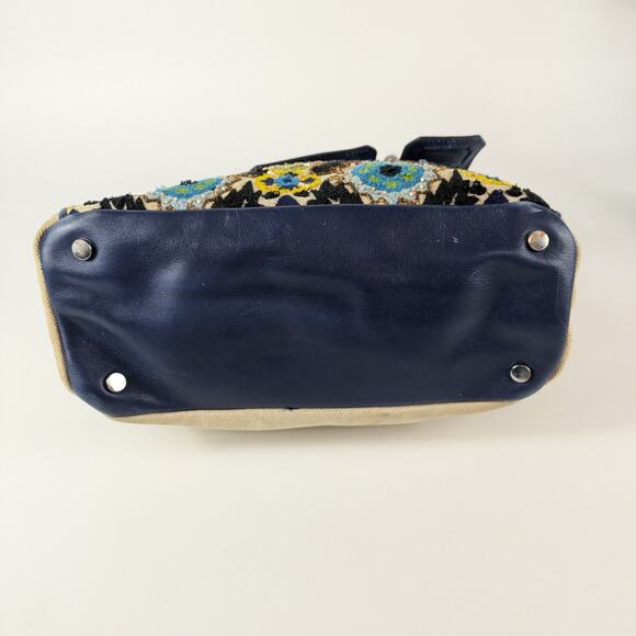 Sam Edelman Sylvia Purse Handbag Navy Blue Rare Embroidered Beads Leather Jute - Picture 5 of 16